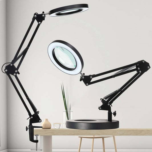10x Magnifying Glass With Light And Stand, 9.06 Inch Heavy Base Magnifying Lamp, 3 Color Stepless Dimming, Real Glass Lens Swing Arm Desktop